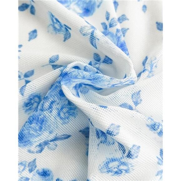 Women's Mesh Midi Skirt Elastic High Waisted White Blue - Picture 5 of 6